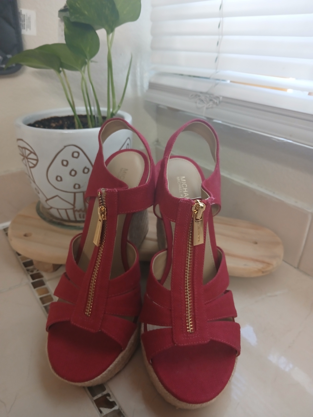 Michael Kors Pink-Red Suede Zip Front Wedge Sandals